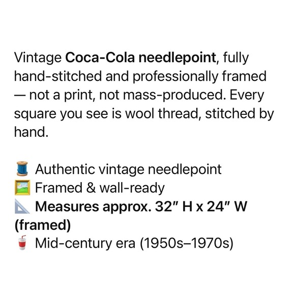 Vintage Coca Cola Needlepoint Art Framed Mid Century 1950s 1970s Wall Decor - Picture 5 of 5